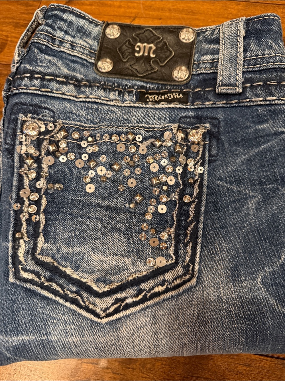 Miss Me Blue Denim Bootcut Jeans with Silver Sequin Pocket 28 Easy Boot
